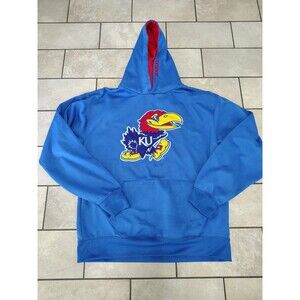 Kansas Jayhawks OVB Pullover Hoodie Embroidered Mascot lined hood Blue (Sz M)